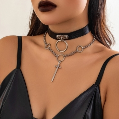 Cross Collar Sword Metal Ring Leather Necklace Wholesaler