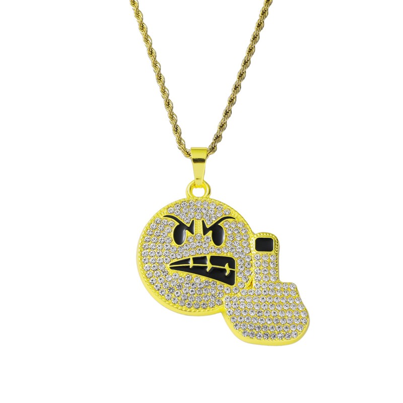 Emoji Angry Vertical Middle Finger Expression Full Diamond Pendant Cuban Necklace Wholesaler