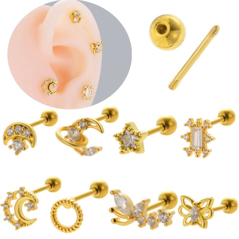 Stainless Steel Double Head Screw Ear Nail Zircon Five-pointed Star Butterfly Moon Ear Nail Wholesalers