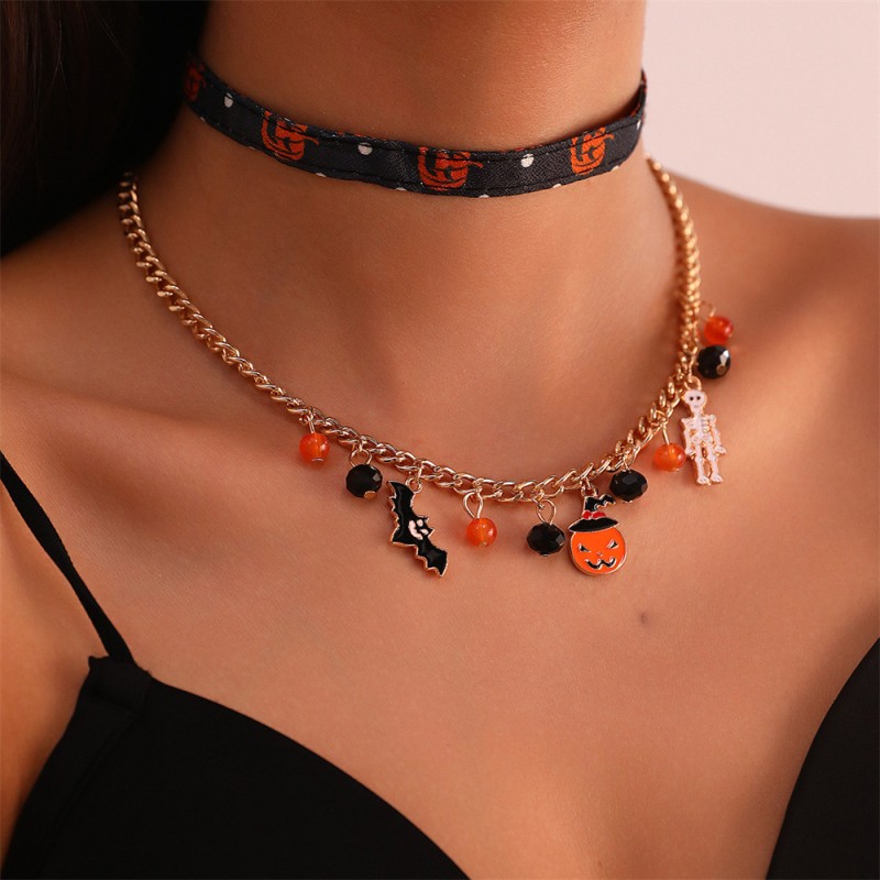 Esqueleto Calabaza Murciélago Halloween Collar Conjunto Mayorista