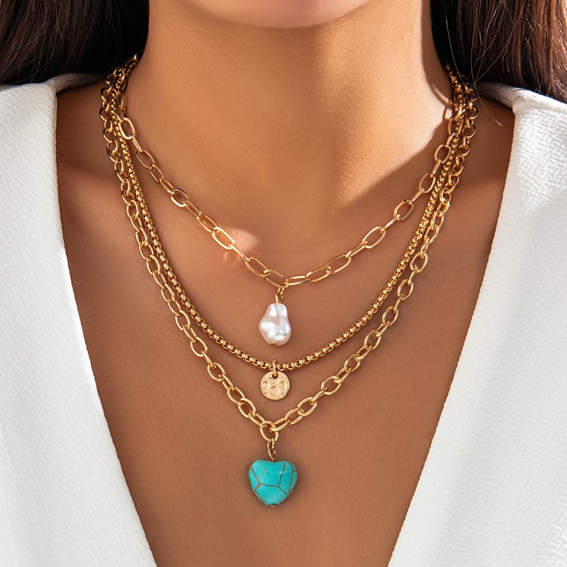 Baroque Imitation Pearl Heart-shaped Turquoise Necklace Female Wholesaler
