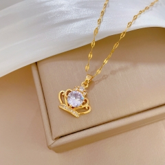 [Titanium Steel] Hollow Crown Full Diamond Necklace Wholesalers