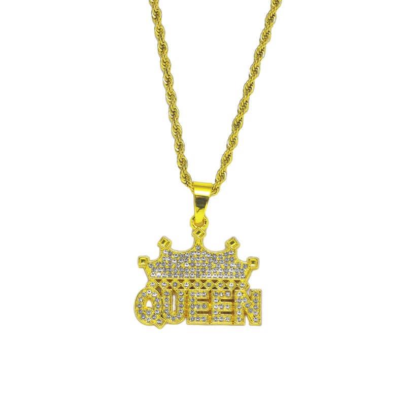 Lleno De Diamantes Con Letras De Corona QUEEN Collar Chapado En Oro Mayorista