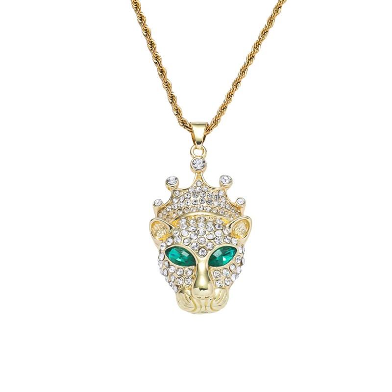 Hiphop Diamantes Ojos Verdes Corona Cabeza De Leopardo Colgante Hip Hop Collar Joyería Mayorista
