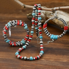 Red Turquoise Beaded Necklace Earrings Bracelet Three-piece Wholesaler