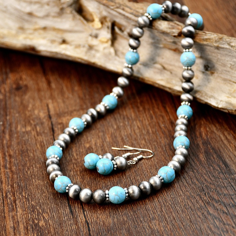 Turquoise Beaded Necklace Earrings Suit Wholesaler