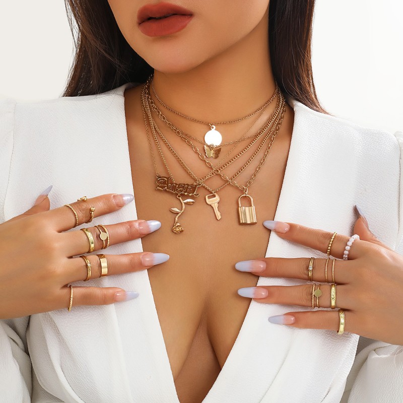Stacked Butterfly Chain Letter Necklace Ring Suit Wholesaler