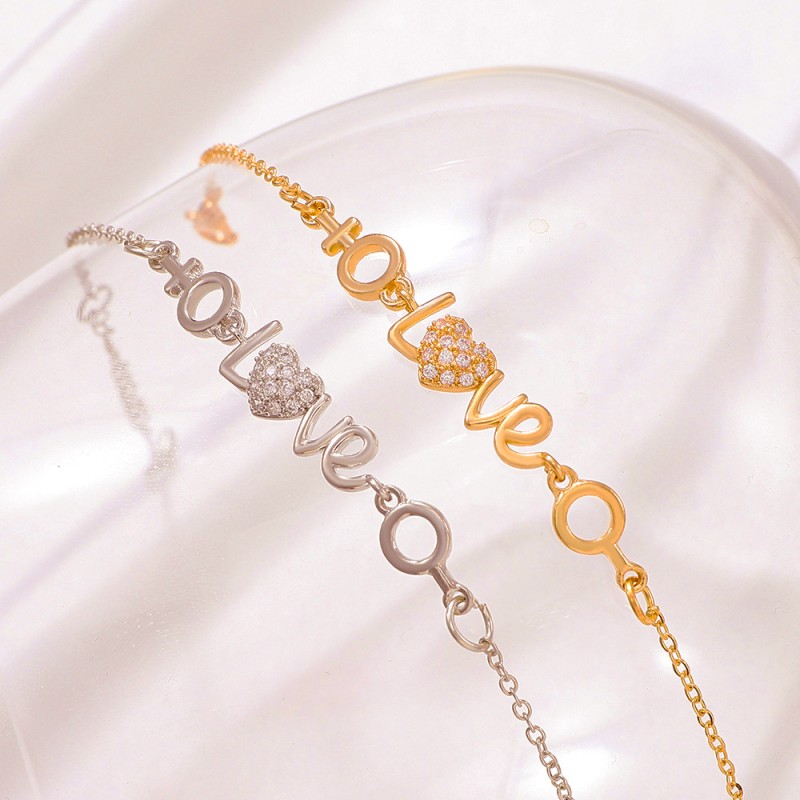 Pulsera De Pareja En Forma De Corazón Con Letras LOVE De Diamantes De Cobre Mayorista