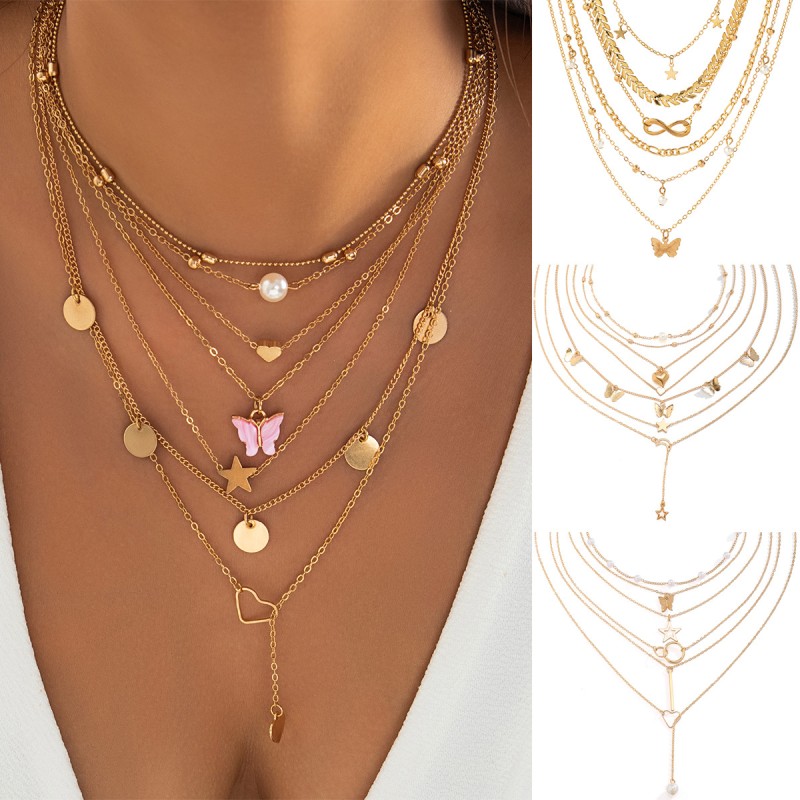 Mix Heart Butterfly Star Tassel Necklace Suit