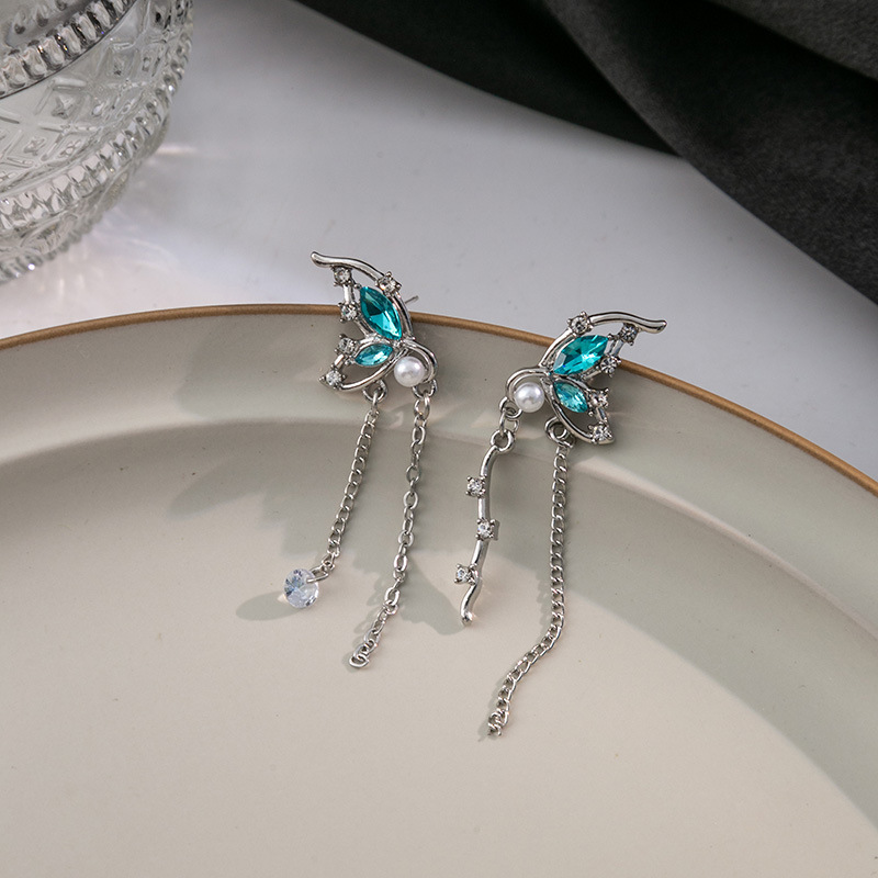 Silver Needle Asymmetric Long Tassel Butterfly Pearl Earrings Wholesaler