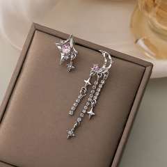 Silver Needle Asymmetric Zircon Tassel Chain Earrings Wholesalers