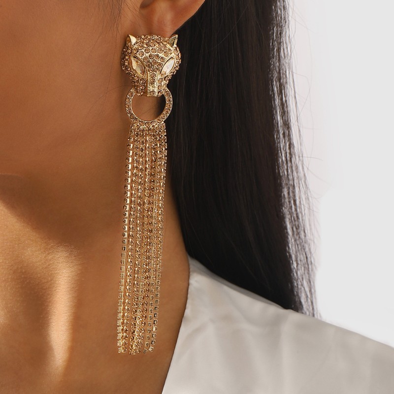 Leopard Head Full Diamond Tassel Earrings Wholesalers