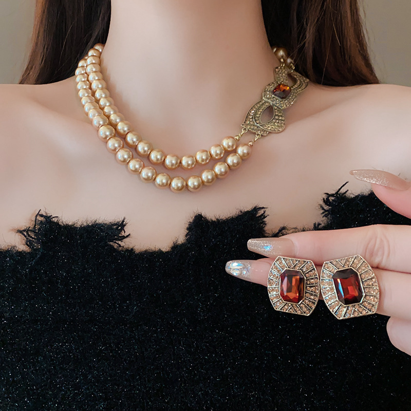 Pendientes De Collar De Doble Capa De Perlas De Diamantes Al Por Mayor