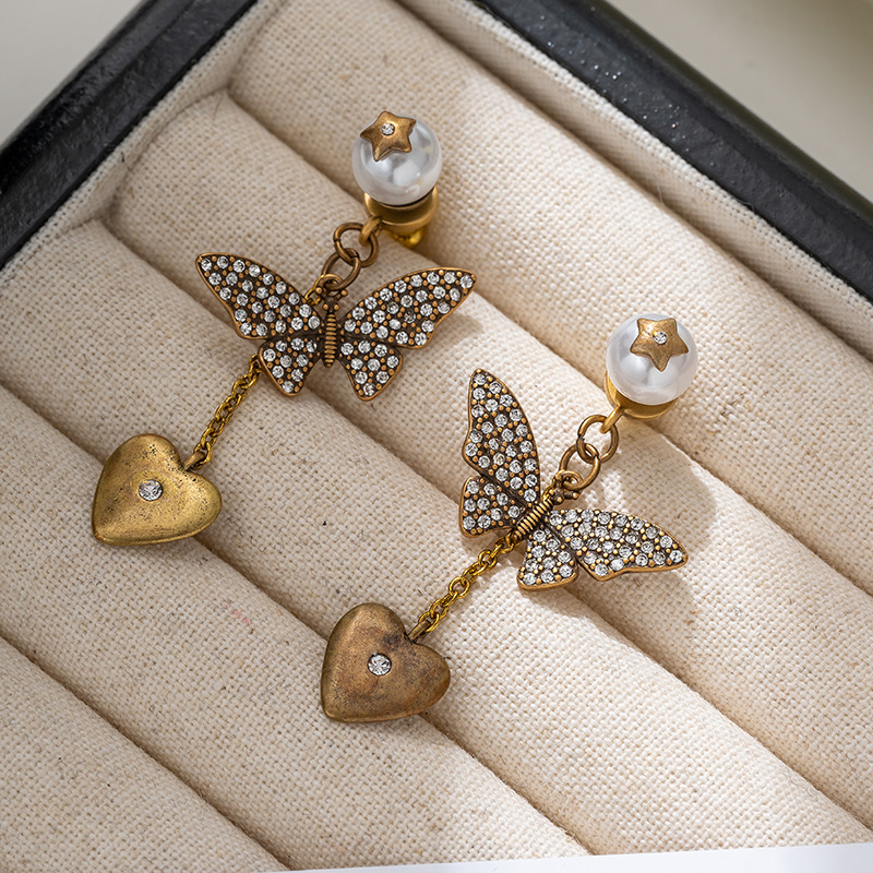 Diamond Butterfly Heart Pearl Earrings Wholesalers