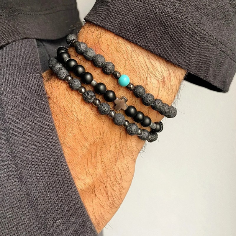 Cross Blackstone Round Beads Men's Bracelet Set Wholesaler