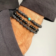 Juego De Pulseras Para Hombre Con Cuentas Redondas De Piedra Negra Cruzada Mayorista