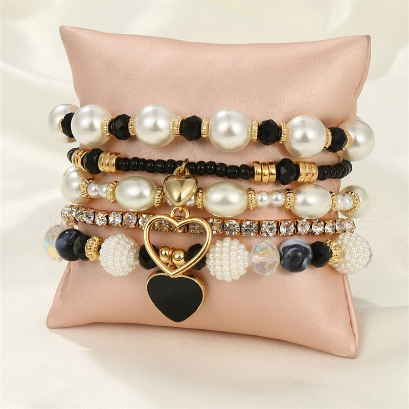 Juego De Pulsera De Corazón De Melocotón De Perlas Apiladas Con Diamantes Al Por Mayor