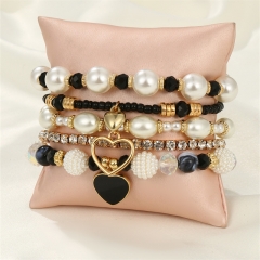 Juego De Pulsera De Corazón De Melocotón De Perlas Apiladas Con Diamantes Al Por Mayor