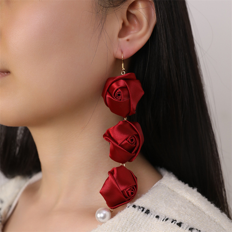 Long Fabric Rose Earrings Wholesalers