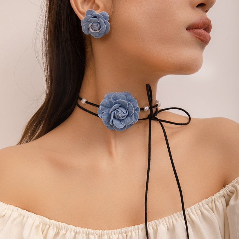 Cowboy Camellia Beaded Lace-up Necklace Earrings Set Wholesalers