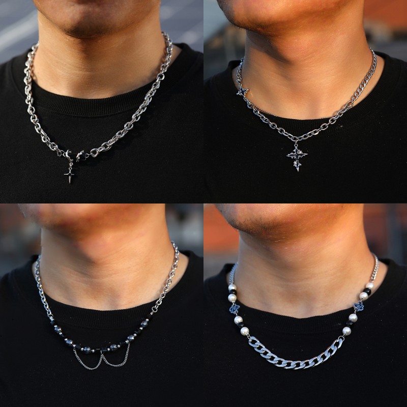 Collar De Hombre De Cadena Cubana Con Cruz Con Cuentas Al Por Mayor