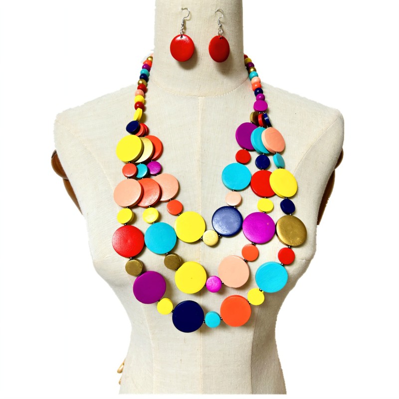 Wood Chip Multi-layer Tassel Necklace Earrings Suit Wholesaler