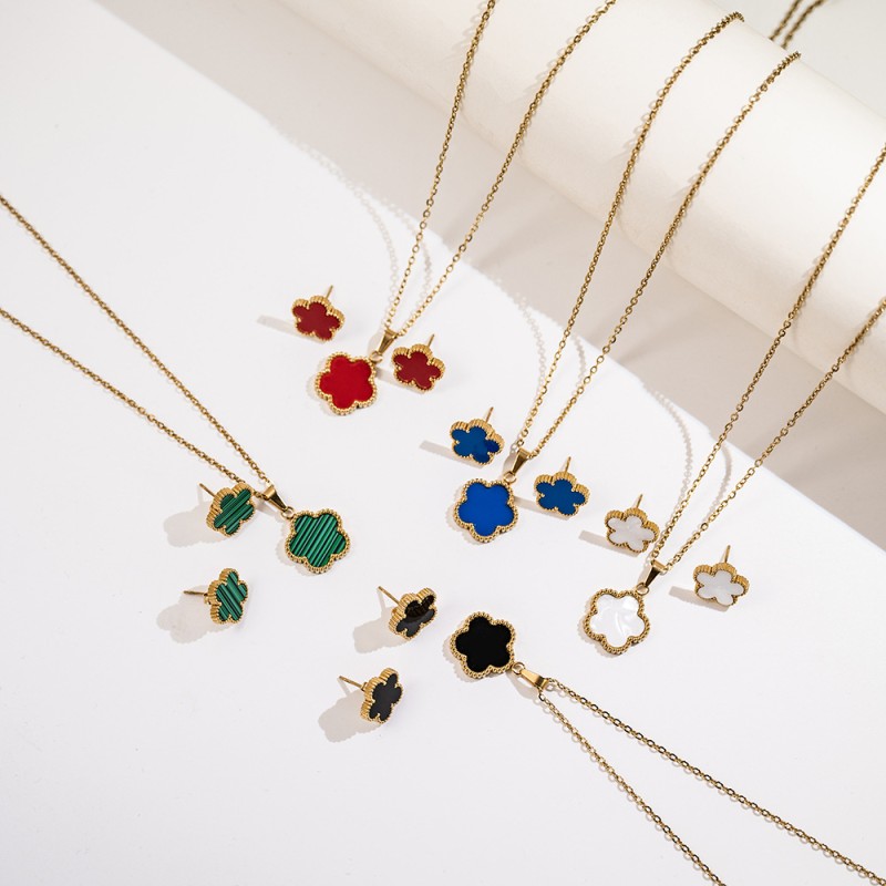 Conjunto De Pendientes Colgantes De Flores De Cinco Pétalos De Acero Inoxidable Mayorista