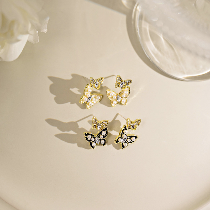 Silver Pin Diamond Butterfly Pearl Earrings