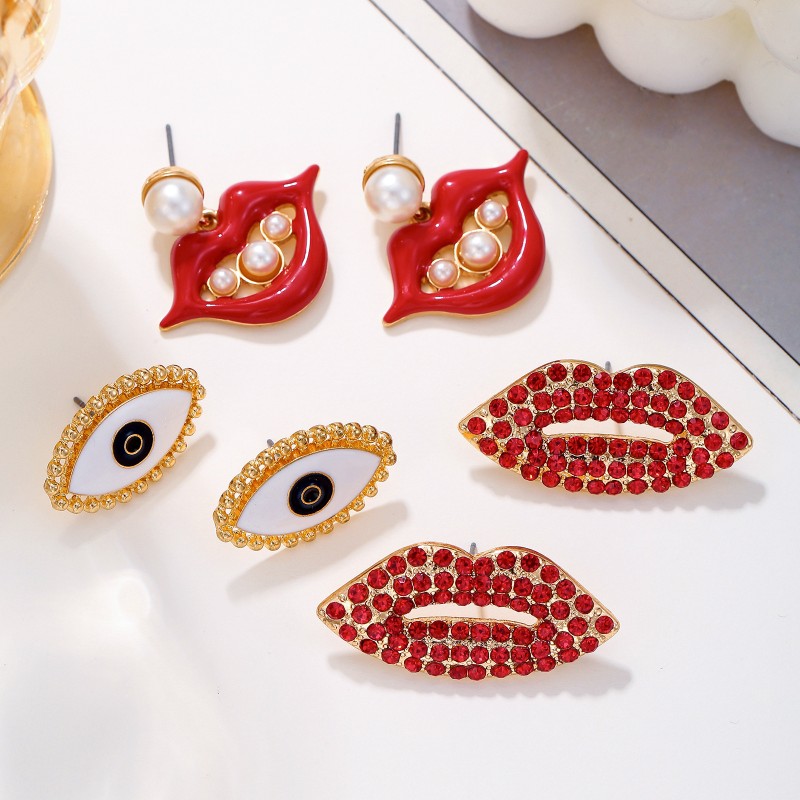 Pendientes De Ojos De Labios Rojos De Diamantes Al Por Mayor