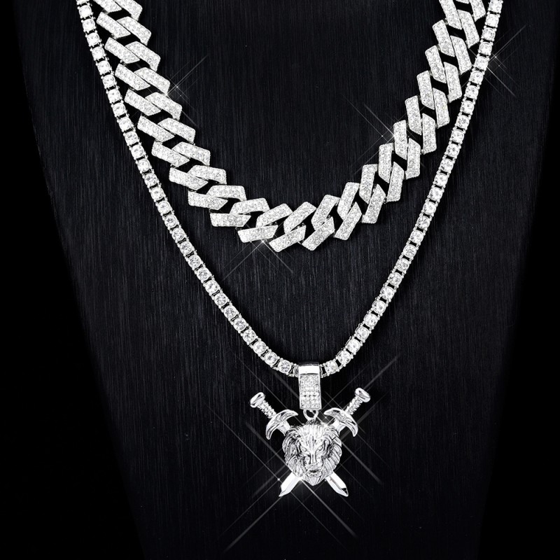 Diamond Double Sword Lion Head Cuban Chain Men's Necklace Wholesaler