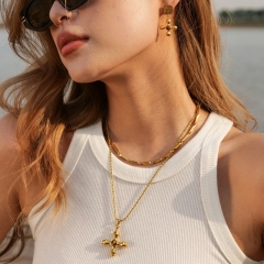 Collar De Ojo De Tigre Con Incrustaciones De Cruz De Acero Inoxidable Mayorista