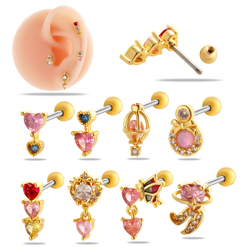 Color Diamond Butterfly Love Stainless Steel Thin Rod Screw Earrings