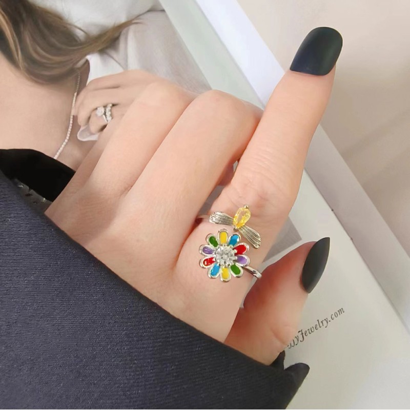925 Plata Diamante Abeja Flor Anillo Abierto Giratorio Mayorista