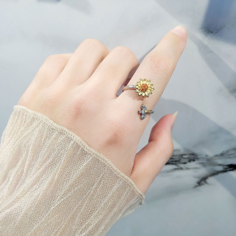 S925 Plata Girasol Abeja Giratoria Apertura Anillo Mayorista