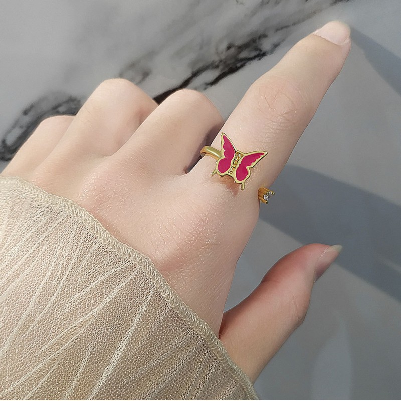 S925 Plata Esterlina Diamante Mariposa Anillo Abierto Giratorio Mayorista
