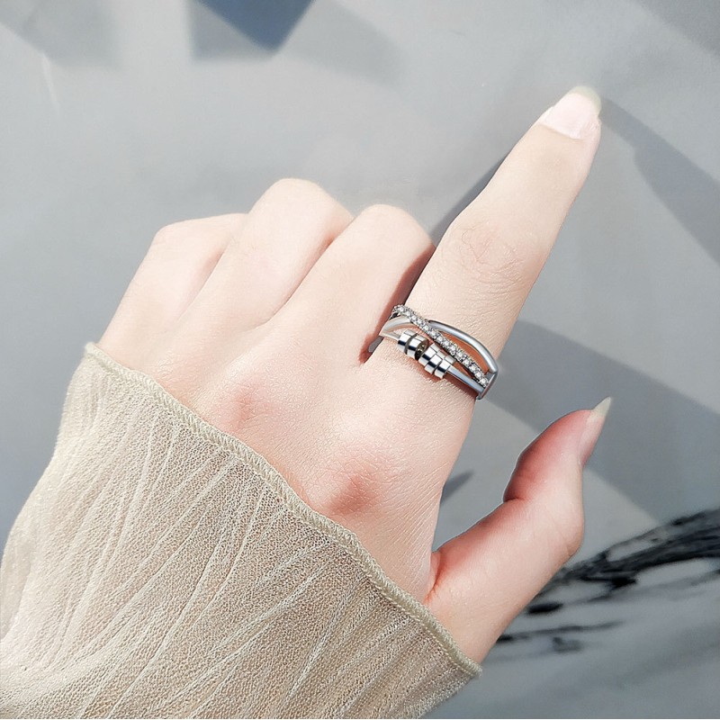 925 Silver Double Layer Cross Diamond Beaded Rotatable Open Ring Wholesaler