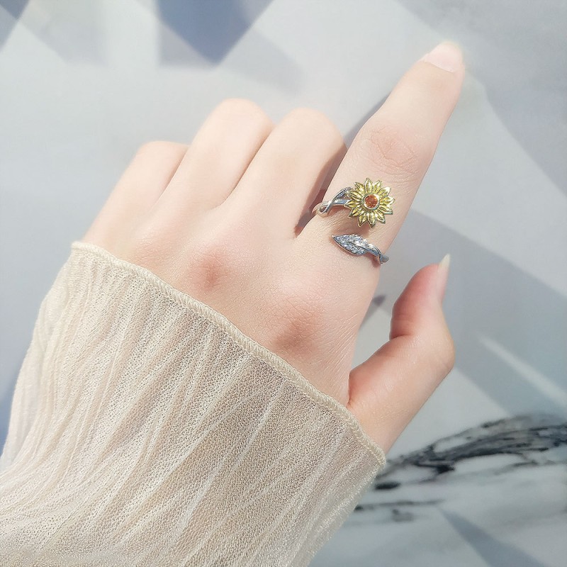 S925 Plata De Ley Giratoria Girasol Abierto Anillo Mayorista