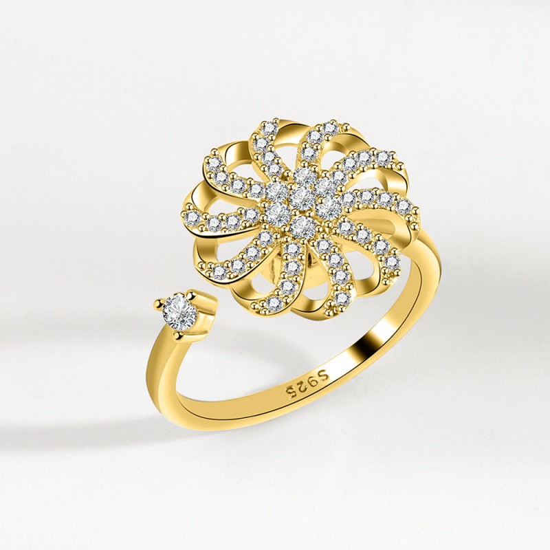 S925 Plata Esterlina Con Diamantes Flores Giratorias Anillo Mayorista