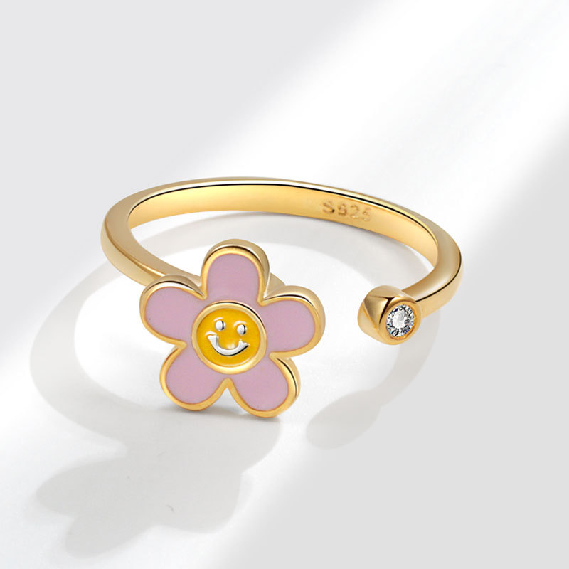 S925 Plata Esterlina Girasol Sonriente Anillo Giratorio Mayorista