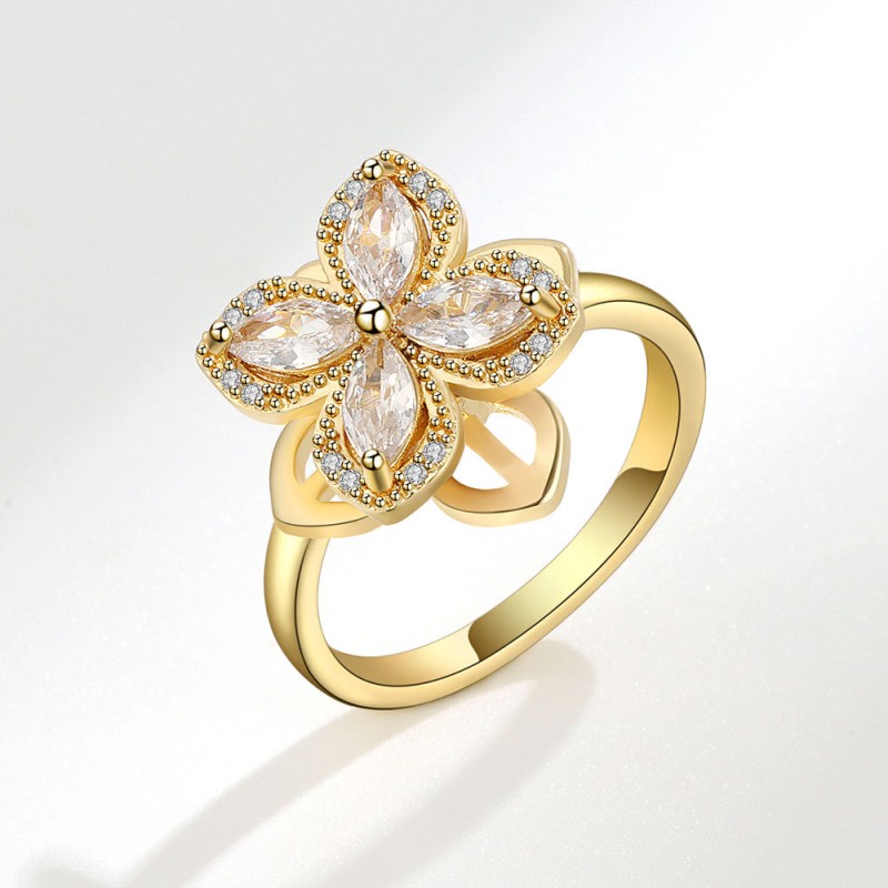 S925 Sterling Silver Diamond Double-layer Four-leaf Clover Turning Ring Wholesaler