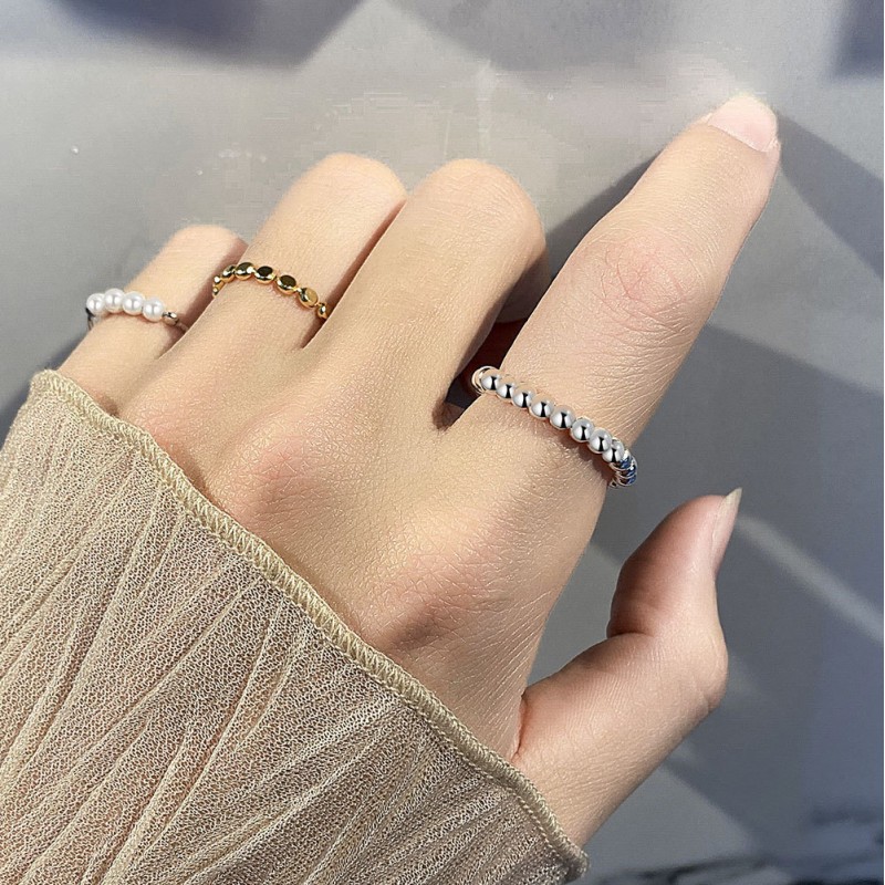 Anillo De Cuerda Elástica De Cuentas Redondas De Plata Esterlina S925 Mayorista