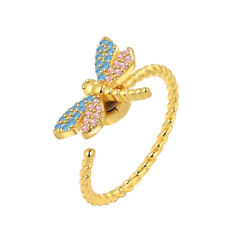 S925 Sterling Silver Diamond Rotating Dragonfly Opening Ring Wholesaler
