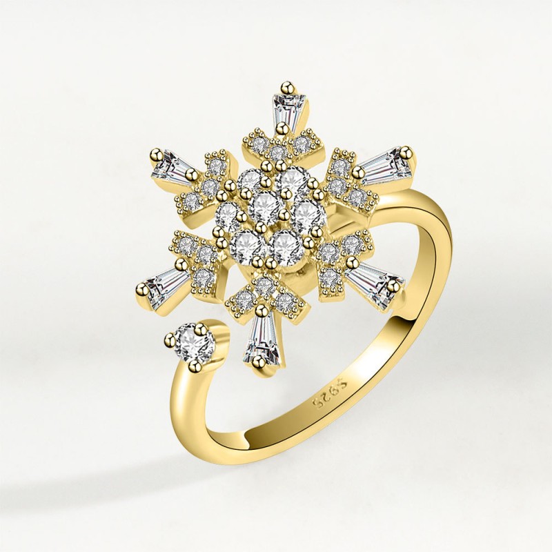 Proveedor De Anillo Abierto De Copo De Nieve Giratorio De Diamantes De Plata Esterlina S925