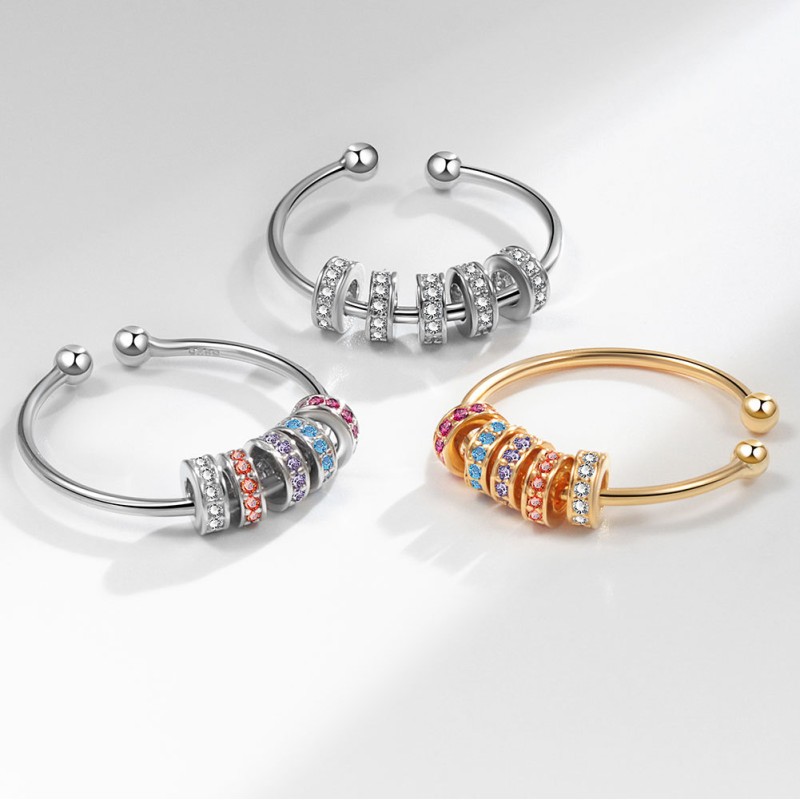 S925 Sterling Silver Colored Diamond Rotating Beads Open Ring Wholesaler