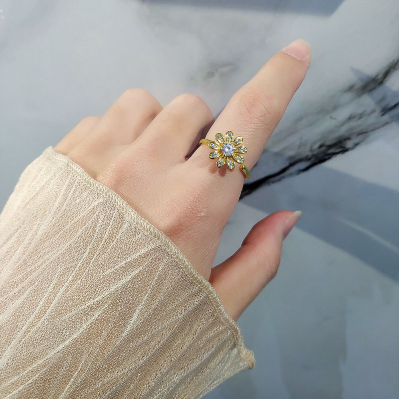 S925 Mayorista De Anillo De Flores Giratorias De Diamantes De Plata Esterlina