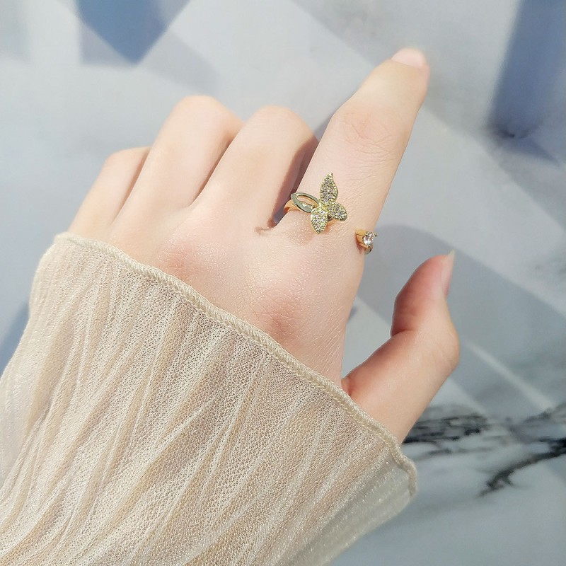 S925 Plata Esterlina Diamante Mariposa Anillo Abierto Mayorista