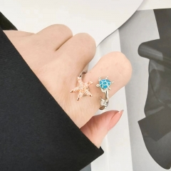 S925 Plata Esterlina Diamante Tortuga Estrella De Mar Anillo Abierto Mayorista