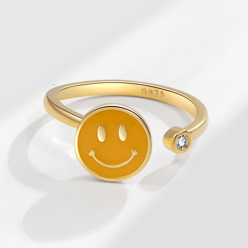 S925 Plata Esterlina Cara Sonriente Anillo Abierto Giratorio Mayorista