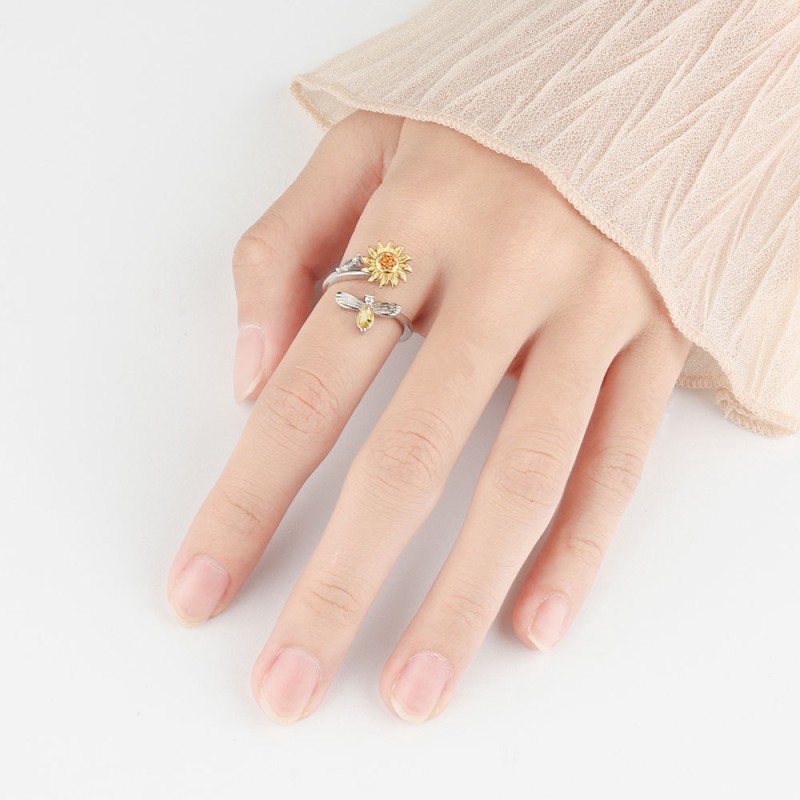 Anillo Abierto De Girasol De Diamantes De Plata Esterlina S925 Mayorista