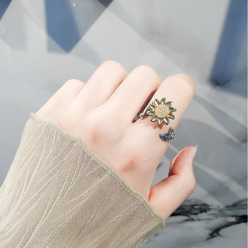 S925 Sterling Silver Diamond Sunflower Rotatable Opening Ring Wholesaler